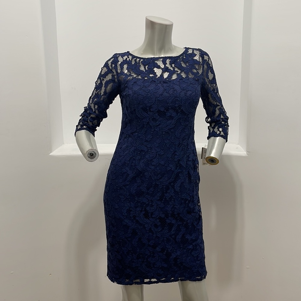 Aidan Aidan Mattox 3/4 Sleeve Lace Cocktail Dress Navy Blue Size 4 NWT - Picture 3 of 14